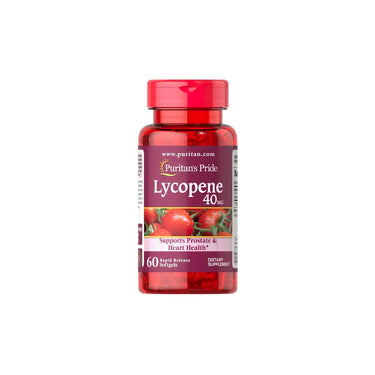 A bottle of Puritan's Pride Lycopene 40 mg 60 Rapid Release Softgels with tomatoes.